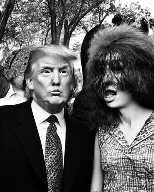 Prompt: if donald trump became a hippie, photoshoot in the style of diane arbus, hyperreal