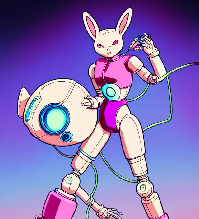 Prompt: retrowave robot rabbit girl, carrying eletro - whip, animation character design by akira toriyama, don bluth, jack kirby, alex toth, capcom, action - adventure, sharp detail, artstation trending, conceptart. com