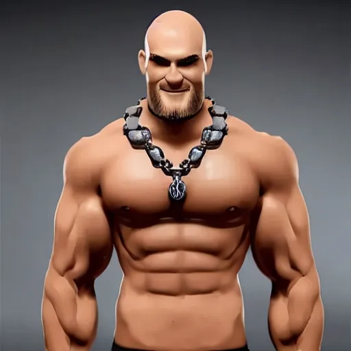 Prompt: TechnoViking male with no shirt, large muscles, bald head, extended goatee, necklace chibi Funko Pop