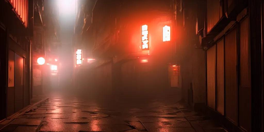 Image similar to a japanese alleyway in the style of blade runner 2049, volumetric lighting,