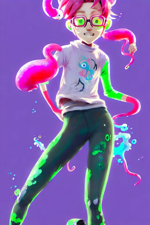 Image similar to a beautiful fullbody portrait of a cute splatoon anime boy with pink hair and green eyes wearing sports clothing tight leggings. character design by cory loftis, fenghua zhong, ryohei hase, ismail inceoglu and ruan jia. artstation, volumetric light, detailed, photorealistic, fantasy, rendered in octane