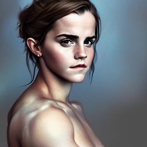 Prompt: portrait of emma watson, muscular, upper body, hairy torso, D&D, fantasy, intricate, elegant, highly detailed, digital painting, artstation, concept art, matte, sharp focus, illustration, art by Artgerm and Greg Rutkowski and Alphonse Mucha