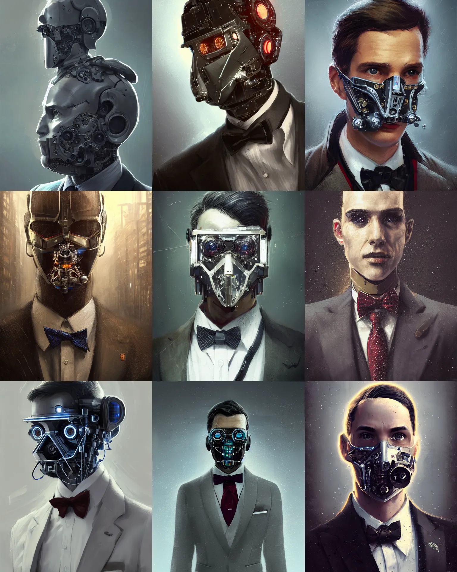 Prompt: a clever young engineer man with cybernetic enhancements wearing a suit and bowtie, detailed mask, scifi character portrait by greg rutkowski, esuthio, craig mullins, 1 / 4 headshot, cinematic lighting, dystopian scifi gear, gloomy, profile picture, mechanical, half robot, implants, steampunk