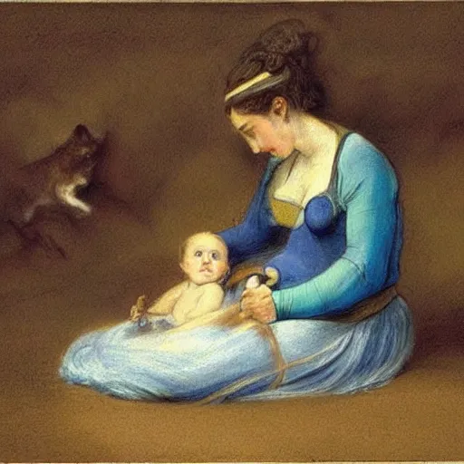 Image similar to colored pencil, detailed, cirque du soleil washed - out by edwin henry landseer. a beautiful drawing harmony of colors, simple but powerful composition. a scene of peaceful domesticity, with a mother & child in the center, surrounded by a few simple objects. colors are muted & calming, serenity & calm.