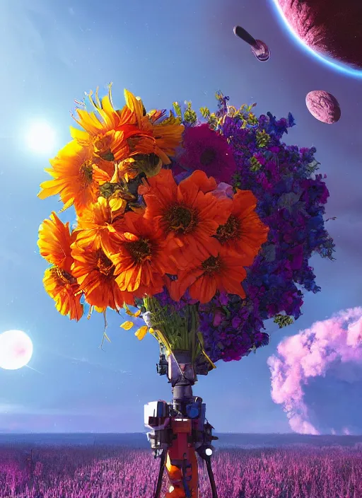 Image similar to An epic fantastic realism comic book style painting of the most beautiful flowers launched into space, bouquets, solar eclipse, fisheye, unreal 5, DAZ, hyperrealistic, octane render, dynamic lighting