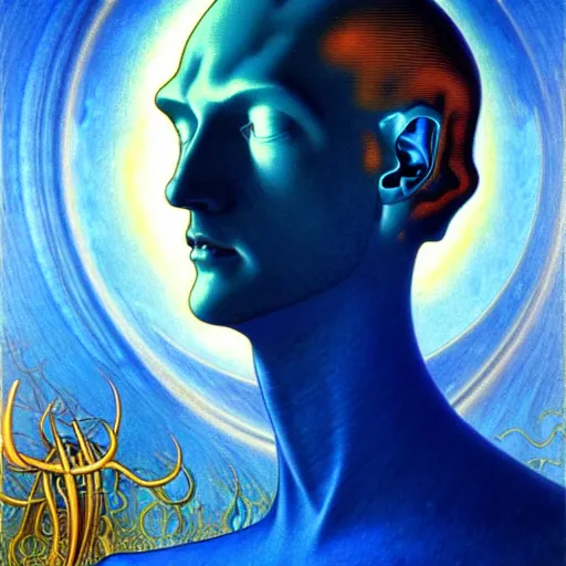 Image similar to realistic extremely detailed portrait painting of a glowing male silhouette, futuristic sci-fi landscape on background by Jean Delville, Amano, Yves Tanguy, Alphonse Mucha, Ernst Haeckel, Edward Robert Hughes, Roger Dean, rich moody colours, blue eyes