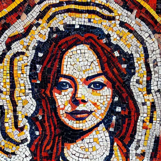 Prompt: beautiful detailed colorful emma stone in zeugma mosaic, many small stones, extreme detail