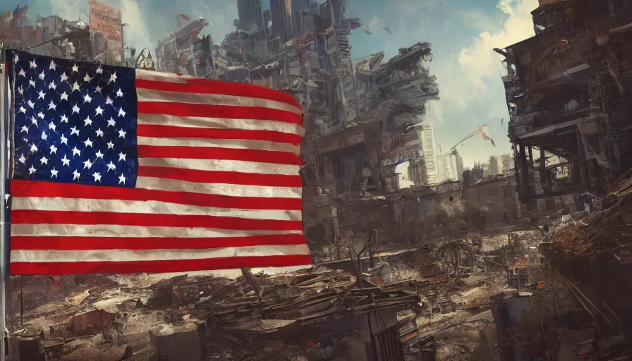 Prompt: american pole flag in city ruins, hyperdetailed, artstation, cgsociety, 8 k