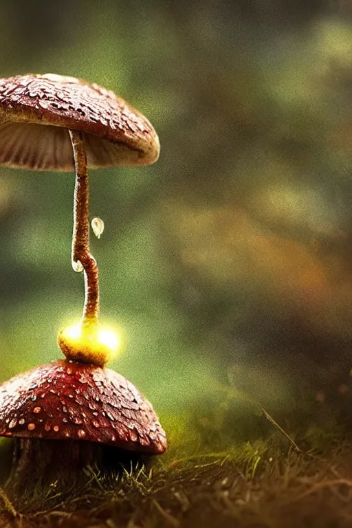 Image similar to a tiny cute mushroom dragon, dewdrops, macro, dramatic lighting, cinematic, establishing shot, extremely high detail, foto realistic, cinematic lighting, post processed, concept art, high details, cinematic, 8k resolution, beautiful detailed, photorealistic, digital painting, artstation, concept art, smooth, sharp focus, artstation trending, octane render, unreal engine