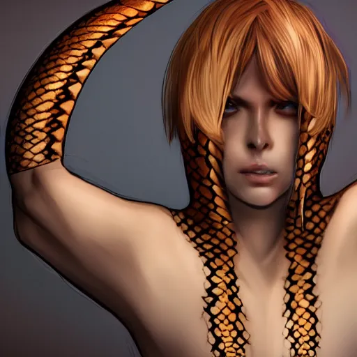 Image similar to snake human hybrid, chest up human lower half snake. full body shot, long slender body, snake tail for leg, black scales, bright amber eyes, chest covered in scales, scales on her chest, formless brests, flat chest, smileing nright, cinematographic shot, artstation, haahn trinh, naga