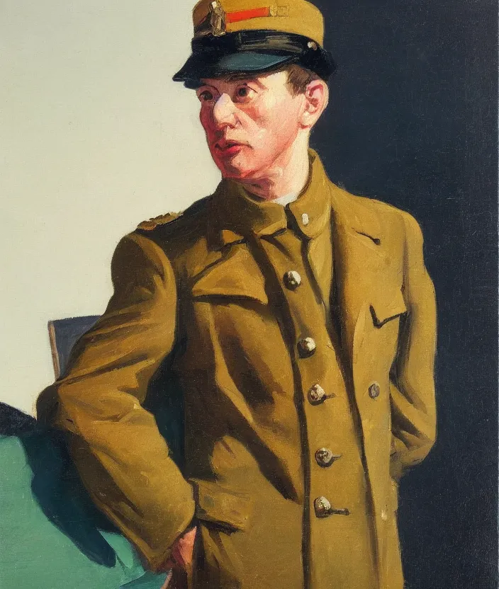 Image similar to a very detailed portrait of a man, wearing a colorful military jacket, frontal view, in the style of edward hopper and oswald hornby joseph birley, very small brushstrokes, 4 k,