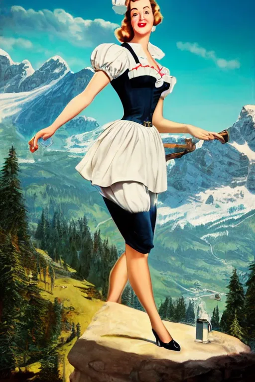 Image similar to 1 9 4 0 s german advertisement poster pinup girl in dirndl, the alps are in the background, unreal engine, global illumination, radiant light, detailed and intricate environment