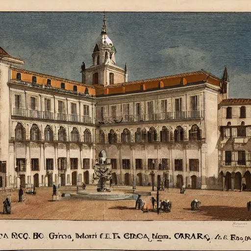 Image similar to el escorial square with the sanctuary of the virgen de gracia, by martin rico y ortega