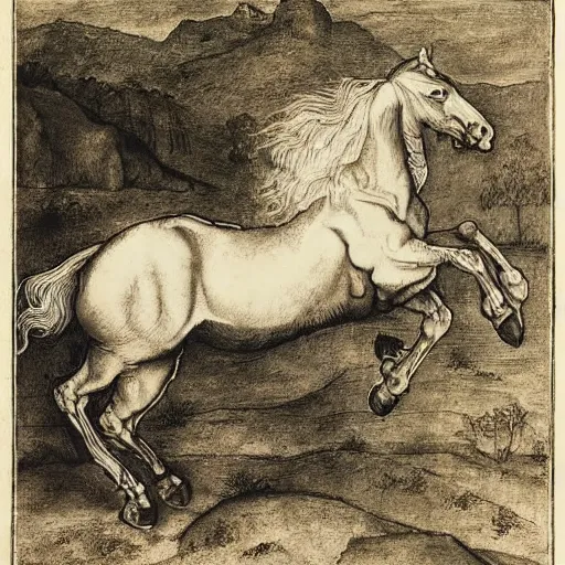 Prompt: a rearing wild stallion, by albrecht-durer