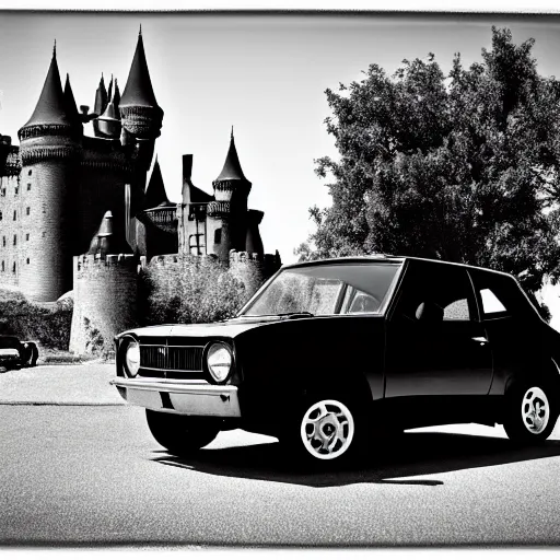 Prompt: An AMC gremlin parked outside of a castle. Dark Fantasy. Film Noir. Black and White. High Contrast.