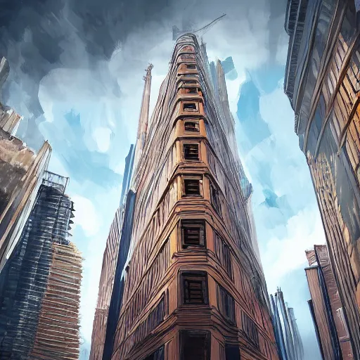 Image similar to an epic digital painting of an intimidating giant, very tall, stunning buildings, long shot angle