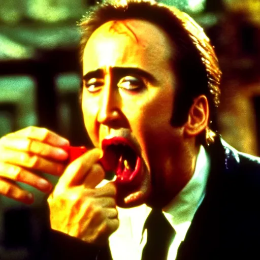 Image similar to nicolas cage screaming with a mouth full of peas, movie still, the wicker man