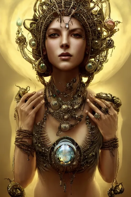 Image similar to a fisheye lens render of an alluring post apocalyptic goddess with wearing ornate silver and gemstones and crystal clothing surrounded by flowing liquid gallium jellyfish and sacred geometry, perfect body and face, gorgeous, cinematic, beautifully lit, by craig mullins, by tomasz alen kopera and peter mohrbacher, 3 d, trending on artstation, octane render, 8 k