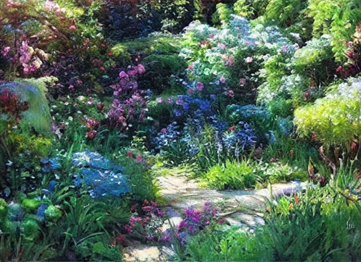 Image similar to oil painting by james gurney of a secret garden, some edges lost, high contrast, subtle tones, calm, serene landscape, beautiful detailed garden painting