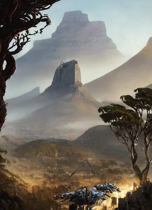 Image similar to hyper realistic robot attacking cape town city beautiful details, gnarly trees, strong composition, poster painted by greg rutkowski, concept art, arcane style, hearthstone wizards of the coast norman rockwell, james gurney and greg rutkowski weta studio, and lucasfilm and best of artstation