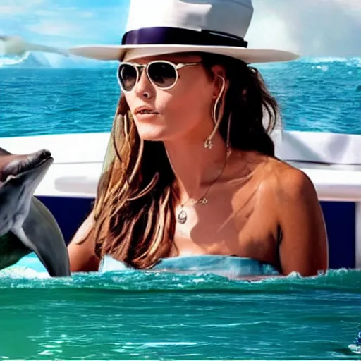 Prompt: johnny depp as a woman, sitting on a yacht, with dolphins in the water, cinematic, ultra realistic