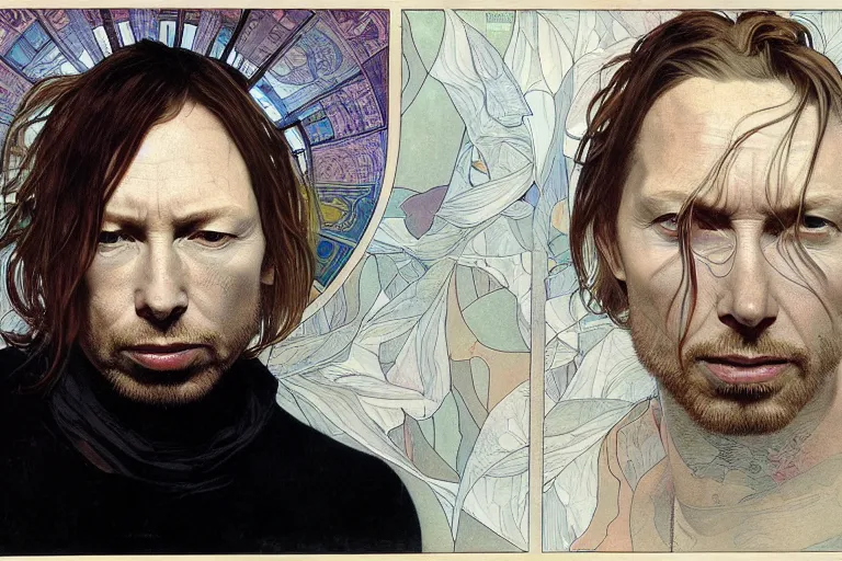 Image similar to hyper realistic portrait of ( thom ) yorke singer songwriter, side, liminal space, by lee bermejo, alphonse mucha and greg rutkowski