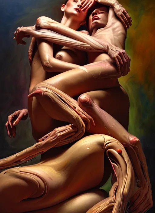 Prompt: a strange, biomorphic painting of two humanoid figures entwined and draped in silk, in the style of jenny saville, in the style of charlie immer, sci fi space background by greg hildebrandt, mark brooks, highly detailed, dramatic, emotionally evoking, head in focus, volumetric lighting, oil painting, timeless disturbing masterpiece