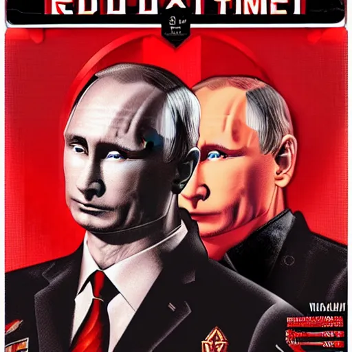 Prompt: vladimir putin in'red alert 3 poster art'' red alert 3 cover art'' red alert box art'