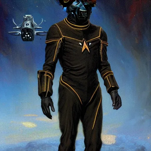 Prompt: fullbody of a black german shepard dogman man alien in jumpsuit starfleet star trek risa. highly detailed painting by gaston bussiere craig mullins jc