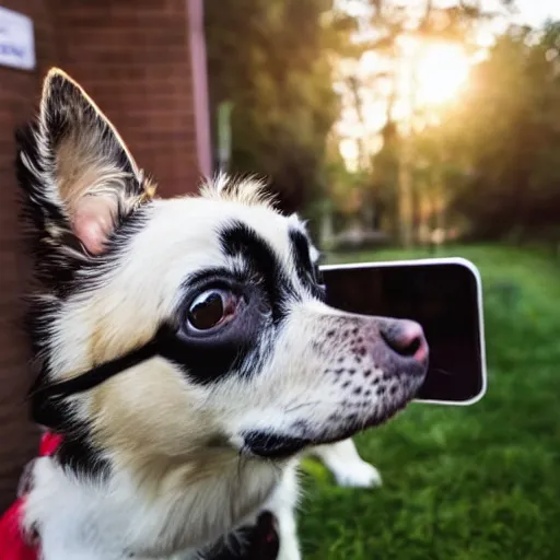 Prompt: photo a dog taking a selfie with suspicious look, award - winning photograph, national geographic, perfect lighting