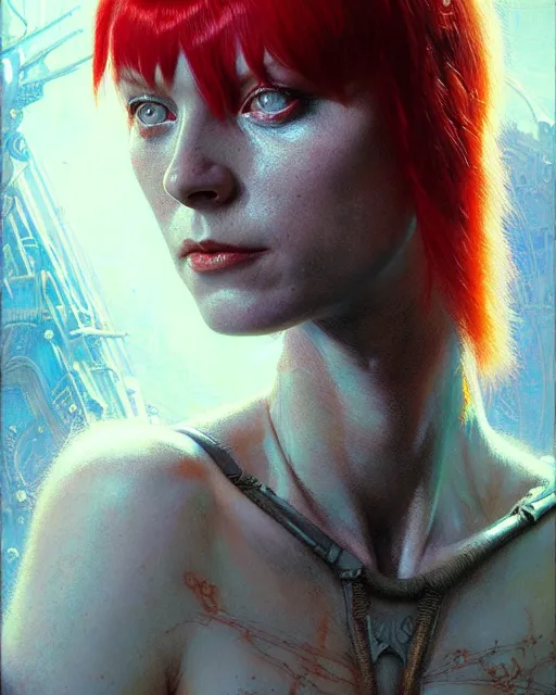 Image similar to a portrait of leeloo fantasy character portrait, ultra realistic, cinematic, concept art, wide angle, intricate details, hologram, highly detailed by greg rutkowski, aaron horkey, gaston bussiere, craig mullins, simon bisley, arthur rackham