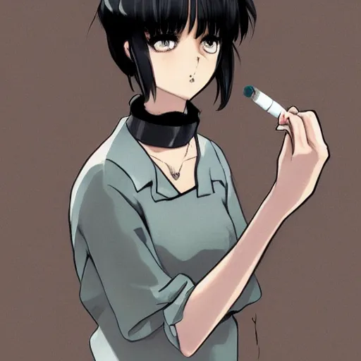 Image similar to portrait of a girl with short brown hair, wearing a white blouse and black choker, smoking a cigarette, drawn by WLOP, by Avetetsuya Studios, attractive character, colored sketch anime manga panel, unsaturated, dull colors, trending on Artstation