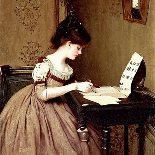 Image similar to victorian girl in ball gown writing a letter, painting by alfred stevens