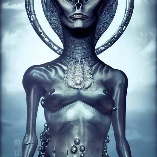 Image similar to a freaky goddess with a dark moon in the far distance behind her by H.R Giger, Ultra High Quality, beautiful, eerie, outstanding, trending on artstation, 8k, 3d render, octane render, intricately detailed artwork, full 8k high quality resolution, recently just found unknown masterpiece