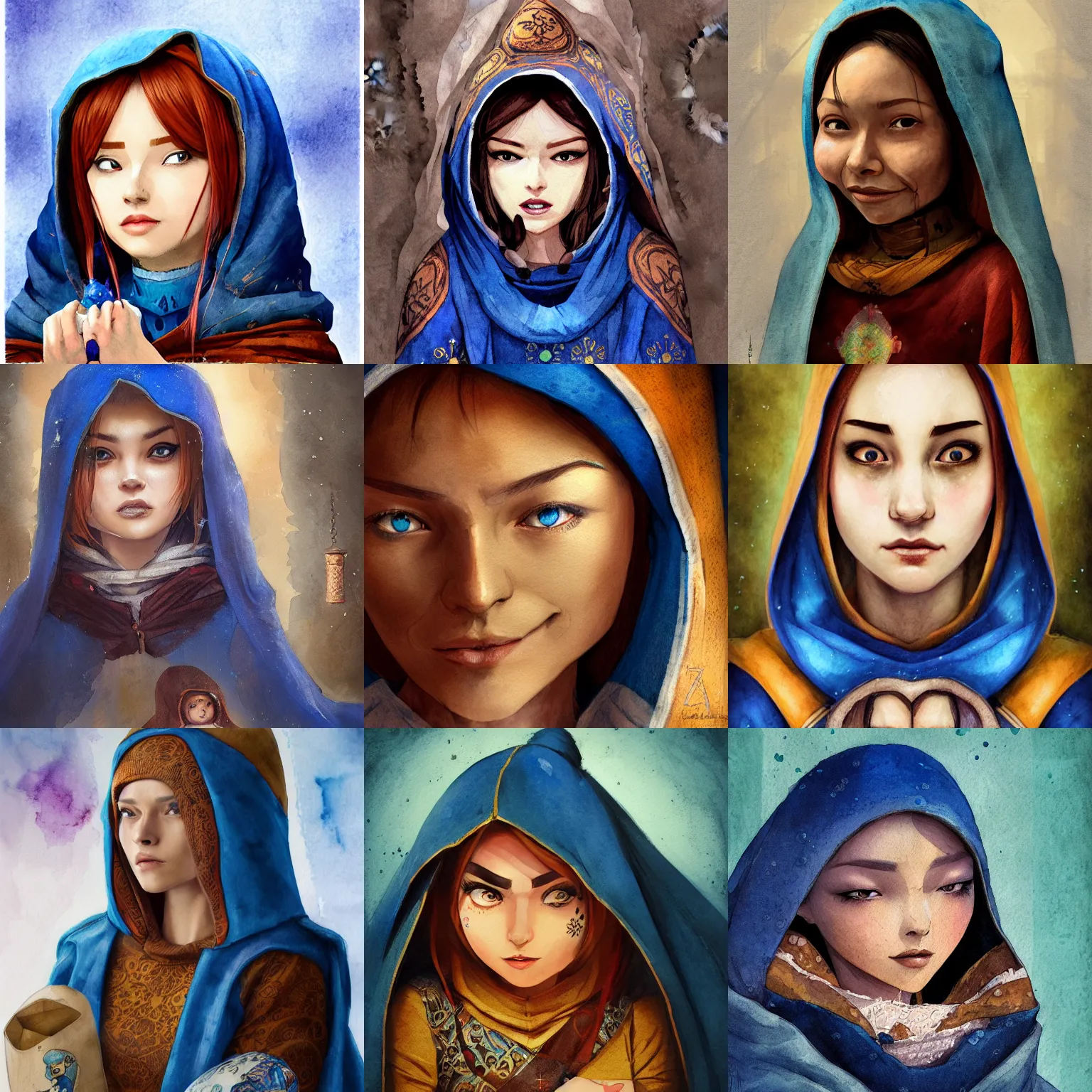 Prompt: matryoshka, in love, happy, wearing blue and brown medieval robe, WLOP, artgerm, Jason Chan, Charlie Bowater, Sergey Kolesov, medieval, fantasy d&d, watercolor on paper, hyper detail portrait, closeup on face, dark pastel castle background