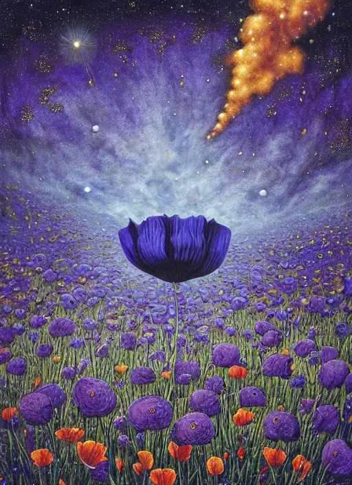 Image similar to detailed, intricate blue black and purple papaverum flower on the field, nebula, galaxy in the sky, winning award masterpiece, fantastically beautiful, illustration, aestheticly inspired, jacek yerka, upscale with anguissola sofonisba work, artstation, 8 k