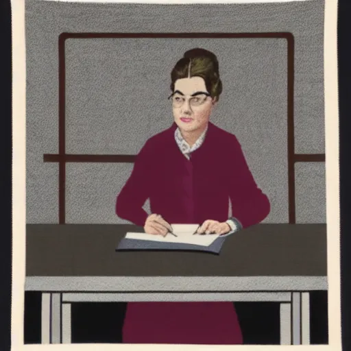 Prompt: a portrait of a secretary sitting behind a desk, 1 9 7 0 th knitted burda style,