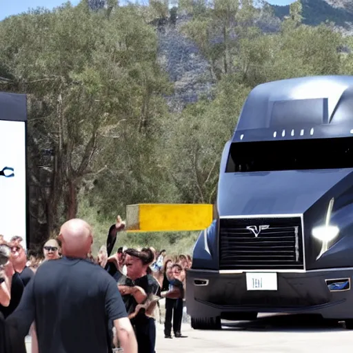 Prompt: Elon Musk throwing a giant boulder into his cybertruck in an expo