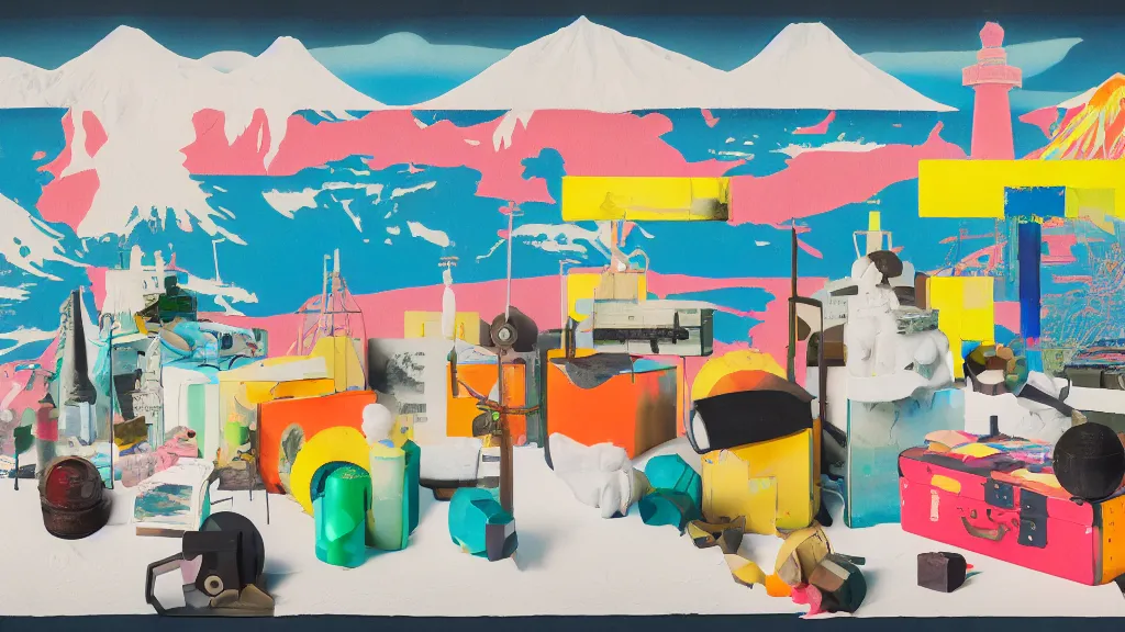 Image similar to an arrangement of explorer traveller props, hokkaido prefecture japan, a collage painting, in the style of wes anderson, lola dupre, okuda, david hockney, isolated on negative white space background dark monochrome neon spraypaint accents volumetric octane render