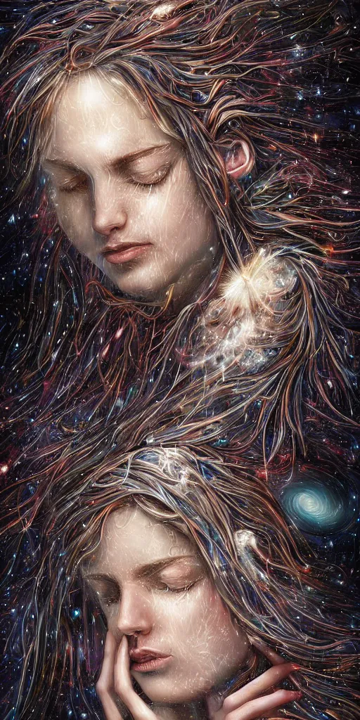 Image similar to insanely surreal dynamic digital painting of god grieving cosmic tears, hyper detailed by random artists, beautiful, transient, elegant, transcendental, sad, photorealistic, cinematic