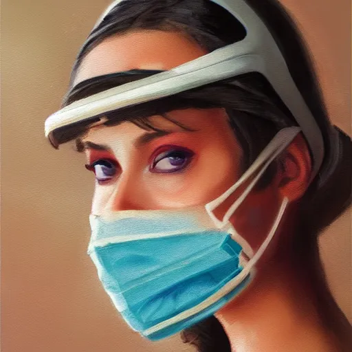 Image similar to A woman in 1980s clothing with a visor on her face and wearing a surgical mask, gucci catwalk, oil painting, digital art, ultradetailed, artstation