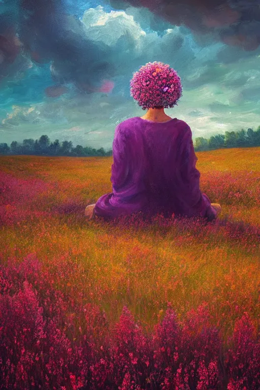 Image similar to closeup, huge flowers as head, woman sitting in heather field, surreal photography, starlight, storm clouds, impressionist painting, digital painting, artstation, simon stalenhag