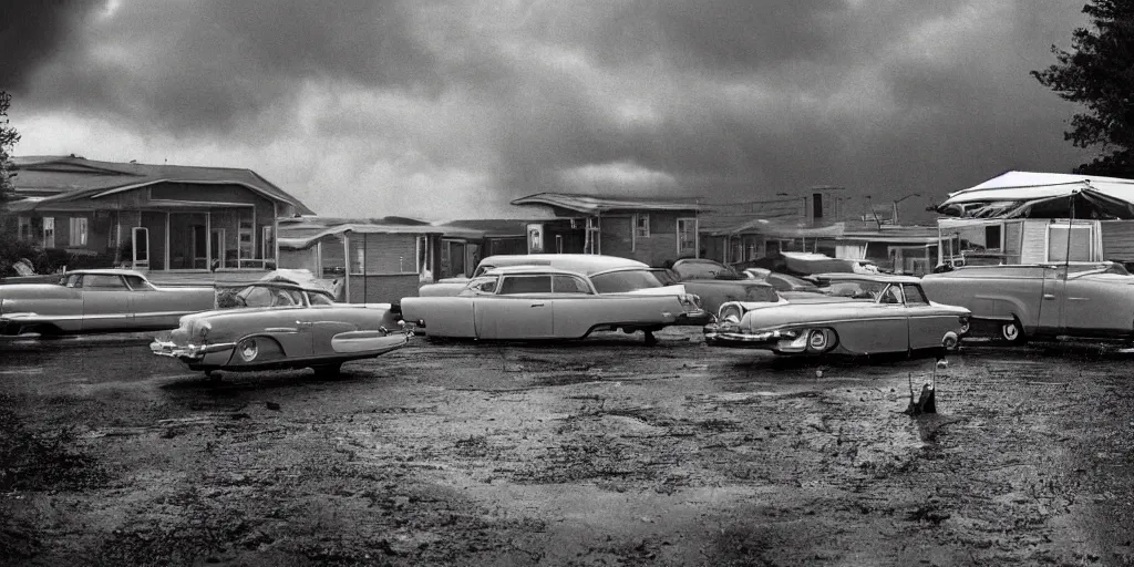 Prompt: detailed sharp photograph in the style of popular science circa 1 9 5 5 and gregory crewdson of a 1 9 5 0 s trailer park summer rainstorm