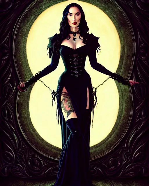 Image similar to megan fox witch queen, black eyes, blood, full body, intricate victorian dress, middle shot, cinematic lighting, studio quality, symmetrical eyes, artgerm, joshua middleton, rafael albuquerque, moody lighting, candles, art style by klimt, nixeu and ian sprigger and wlop and krenz cushart