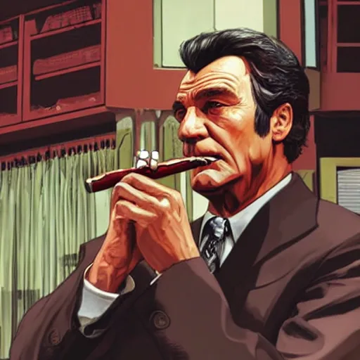 Image similar to GTAV cover art of Columbo holding a cigar