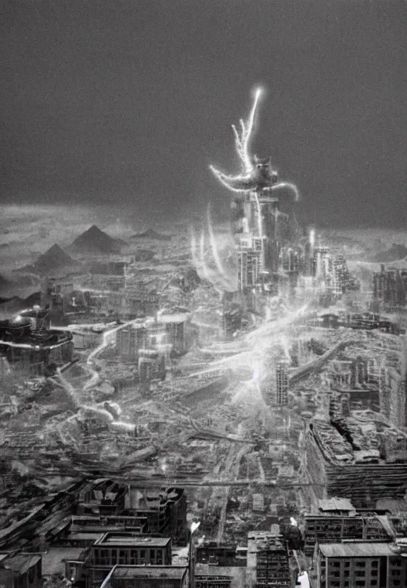 Image similar to Pulgasari the North Korean starfish monster destroying Pyongyang city, volumetric lighting, filmstill, produced by Kim Jong-il, Kodachrome, kaiju-eiga, monster movie, communist propaganda, film noir, 35mm film grain, Cooke Varotal 20-100mm T3.1, monochrome, in the style of Ishirō Honda and Akira Kurosawa