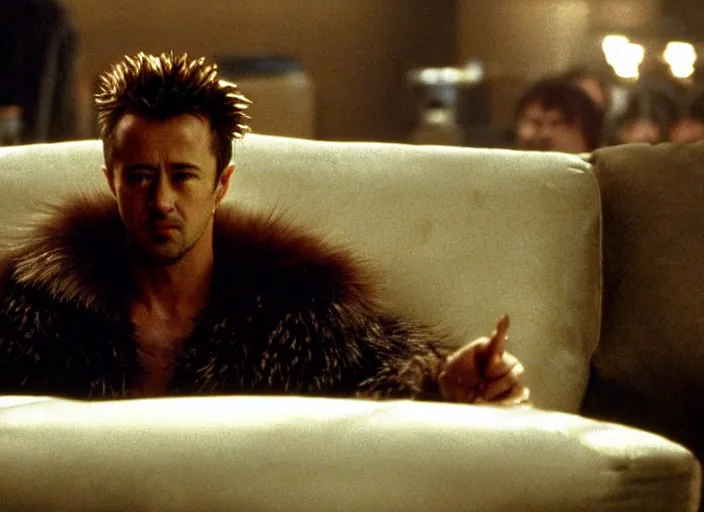 Prompt: film still of Edward Norton as Tyler Durden wearing big fur coat in Fight Club 1999