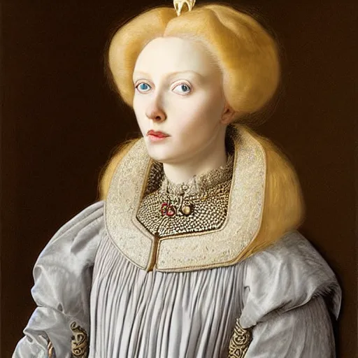 Image similar to blonde victorian princess, hyperrealism, concept art, jan van eyck