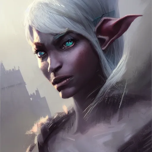 Image similar to closeup portrait of a drow elf, dungeons and dragons character, castle background, gorgeous view, realistic, high detail, digital art, painted by greg rutkowski, painted by jeremy mann, trending on artstation