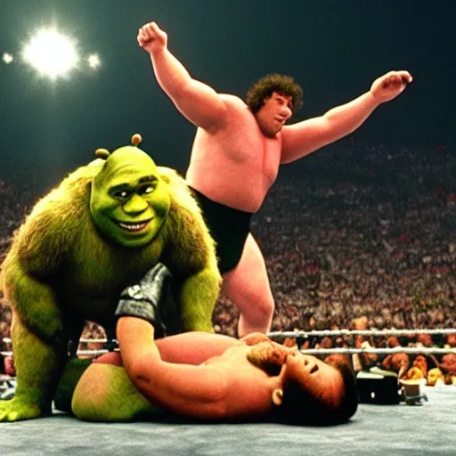 Image similar to shrek vs andre the giant at wrestlemania 8, dramatic lighting, 8k